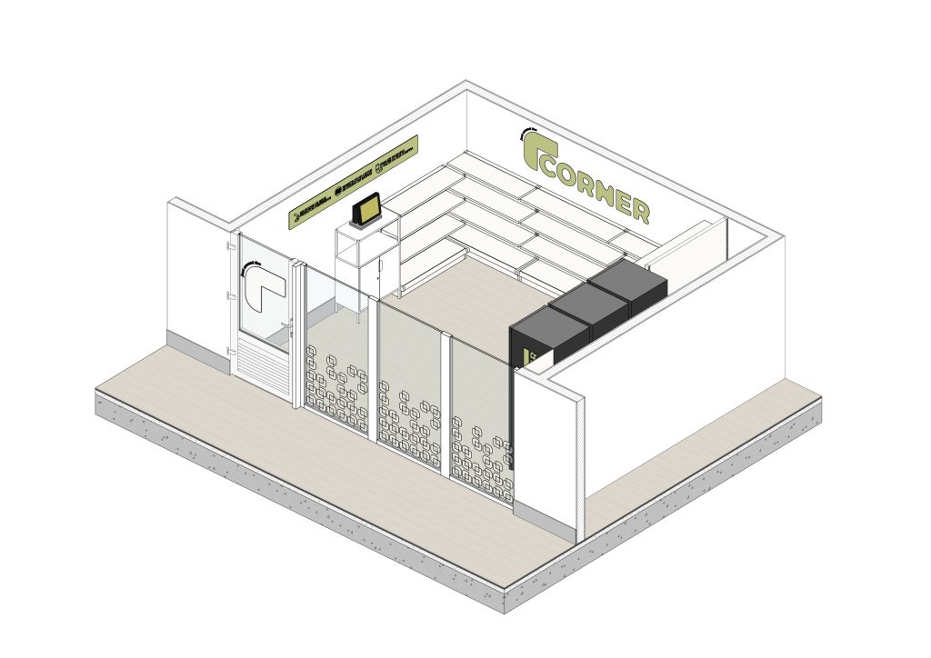 Axonometria apresentando a Disposição de frios, prateleiras e espaço da loja no projeto Corner Bon Jardim, localizado em Lisboa, Portugal.