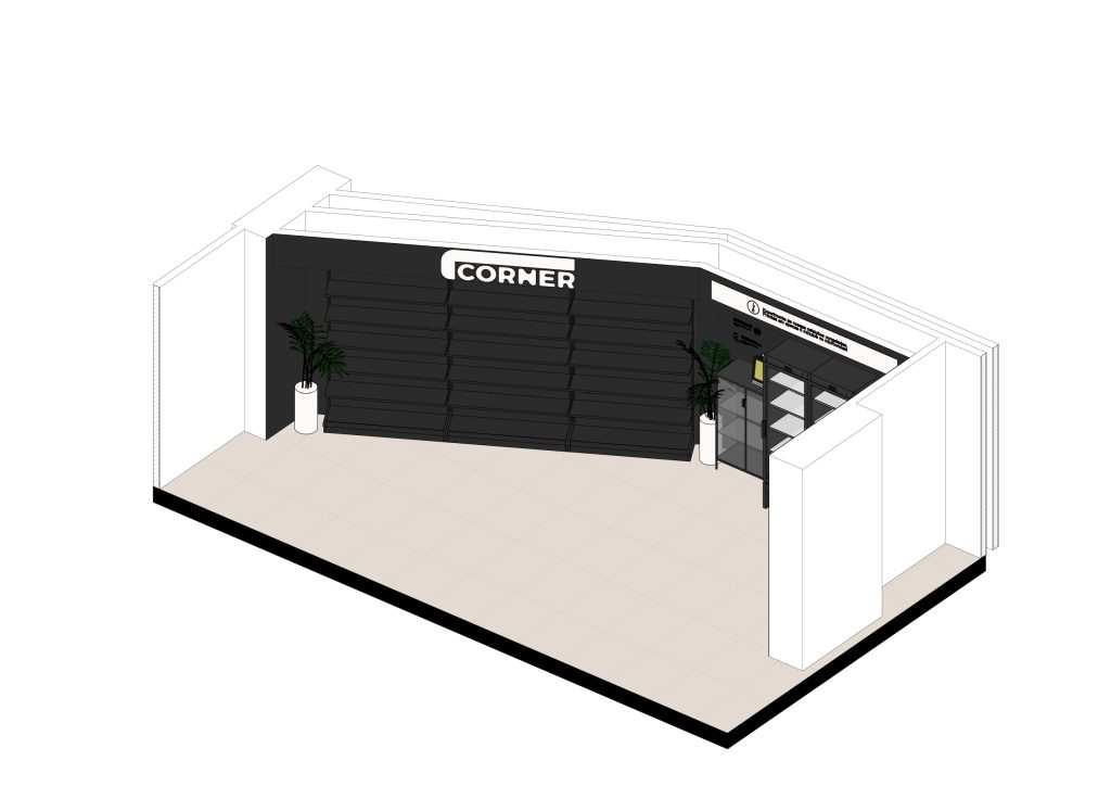 Axonometria apresentando a Disposição de frios, prateleiras e espaço da loja no projeto Corner BPI, localizado em Lisboa, Portugal.