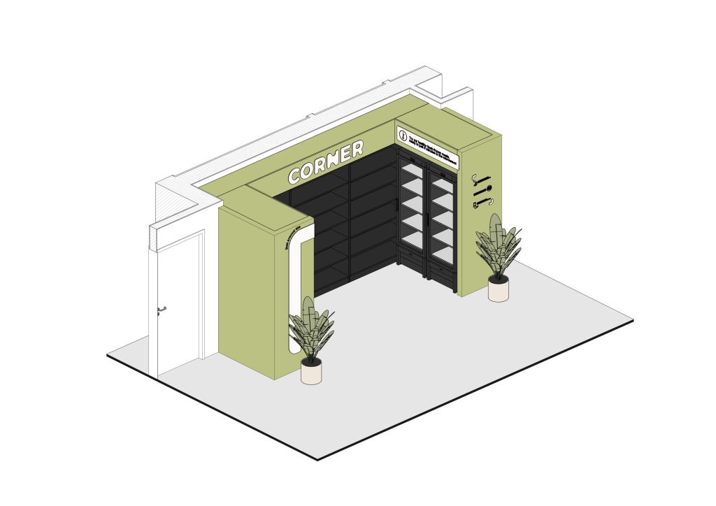 Axonometria apresentando a Disposição de frios, prateleiras e espaço da loja no projeto Corner Braço de Prata - L7, localizado em Lisboa, Portugal.