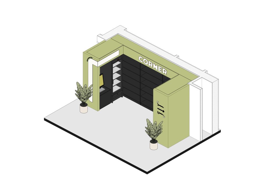Axonometria apresentando a Disposição de frios, prateleiras e espaço da loja no projeto Corner Braço de Prata - L7, localizado em Lisboa, Portugal.