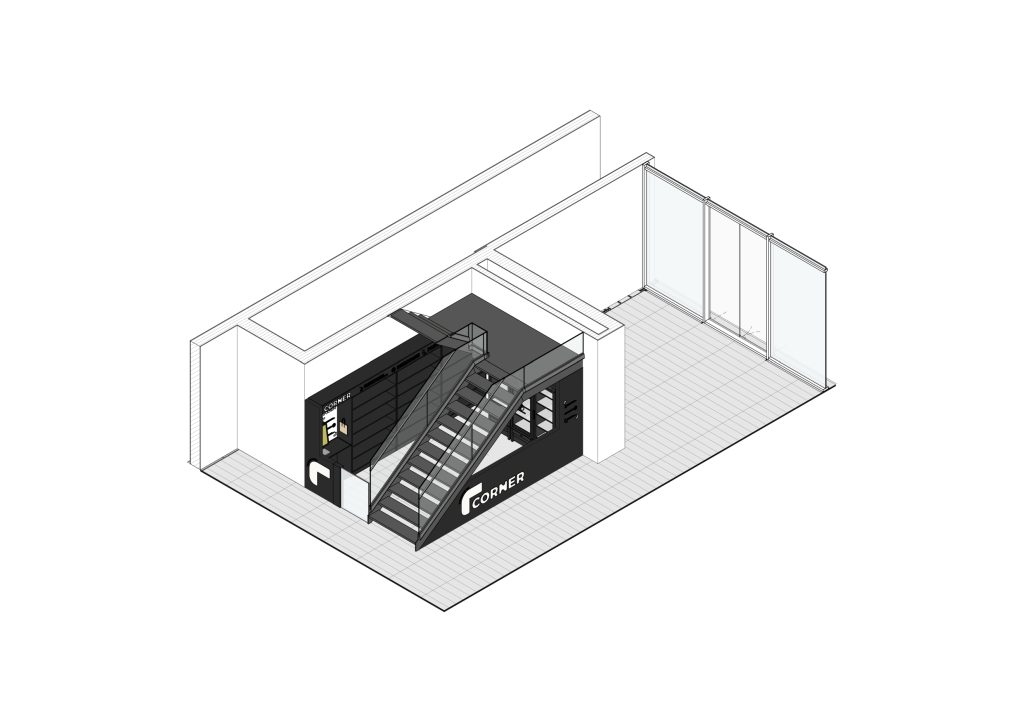 Axonometria apresentando a Disposição de frios, prateleiras e espaço da loja no projeto Corner Braço de Prata - L1, localizado em Lisboa, Portugal.