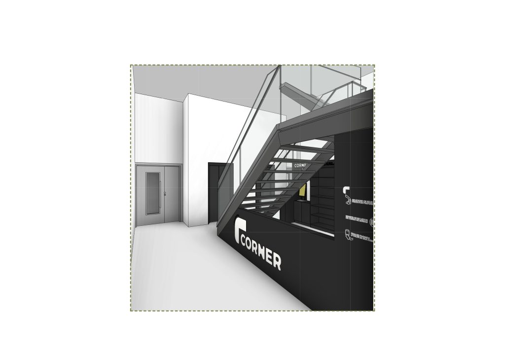 Perspetiva apresentando a Vista geral do interior da loja no projeto Corner Braço de Prata - L1, localizado em Lisboa, Portugal.