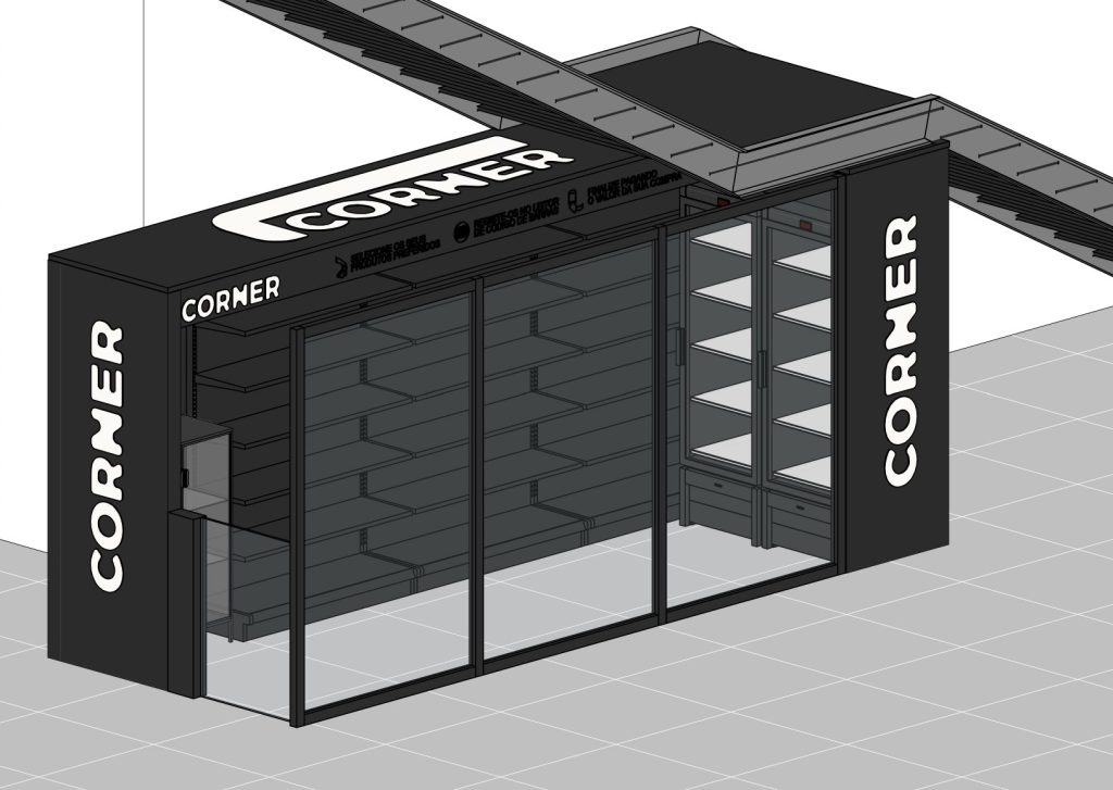 Axonometria apresentando a Disposição de frios, prateleiras, espaço da loja e suas proporsões no envolvente no projeto Corner Deloitte, localizado em Lisboa, Portugal.