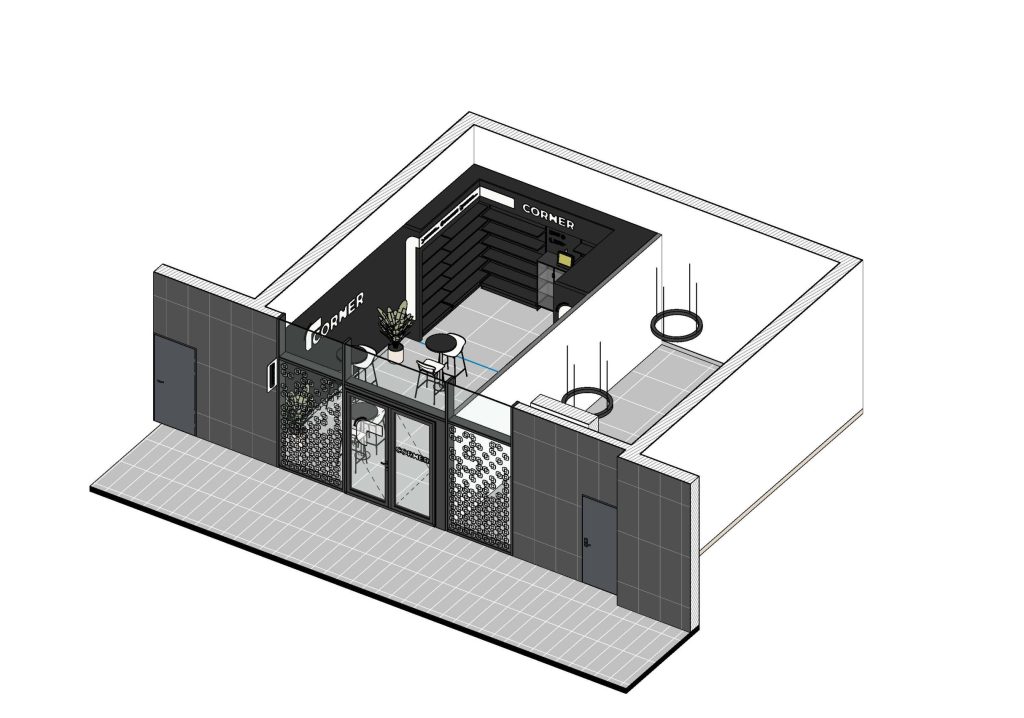 Axonometria apresentando a Disposição de frios, prateleiras e espaço da loja no projeto Corner DUUO, localizado em Lisboa, Portugal.