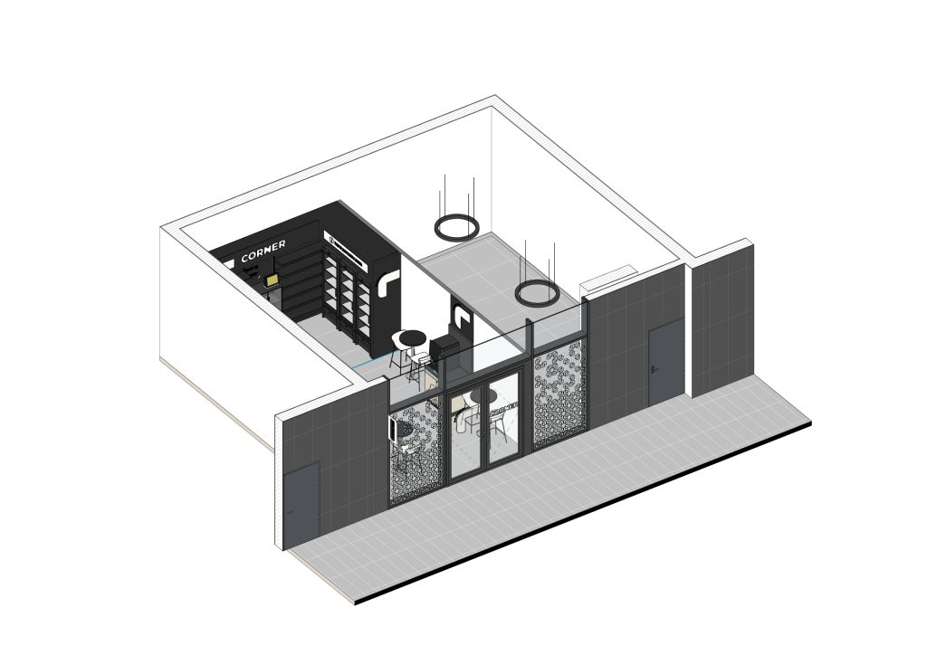 Axonometria apresentando a Disposição de frios, prateleiras e espaço da loja no projeto Corner DUUO, localizado em Lisboa, Portugal.