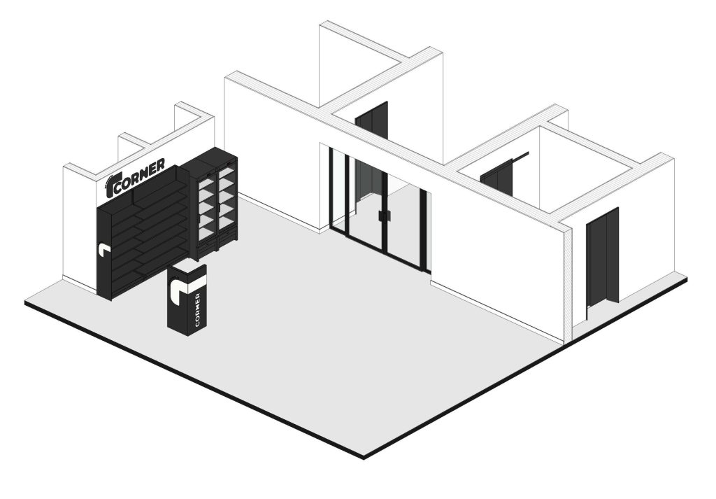 Axonometria apresentando a Disposição de frios, prateleiras e espaço da loja no projeto Corner EY Lisboa, localizado em Lisboa, Portugal.