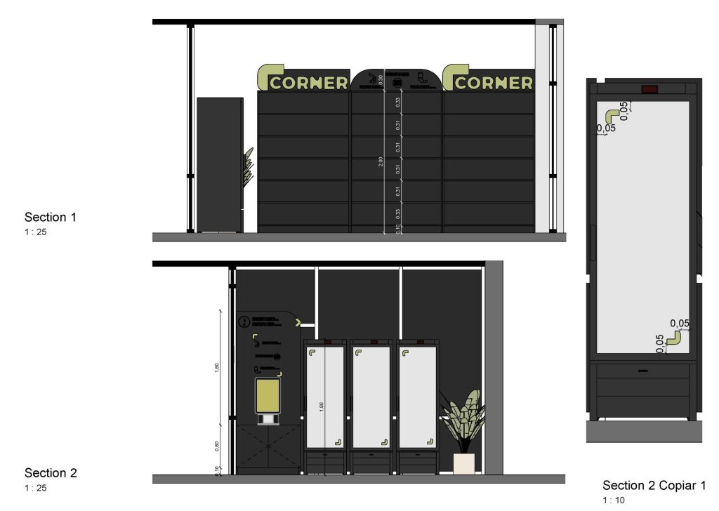 Corte apresentando a Proposta e escala no projeto Corner IAPMEI, localizado em Lisboa, Portugal.