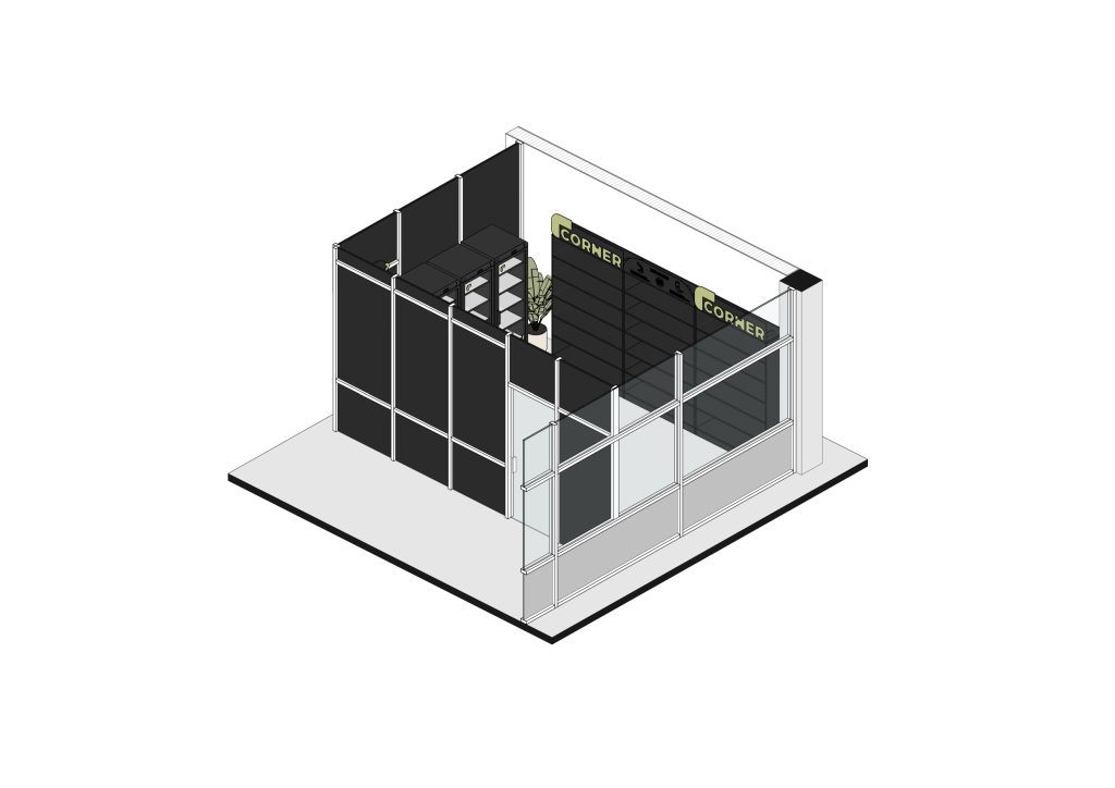 Axonometria apresentando a Disposição de frios, prateleiras e espaço da loja no projeto Corner IAPMEI, localizado em Lisboa, Portugal.