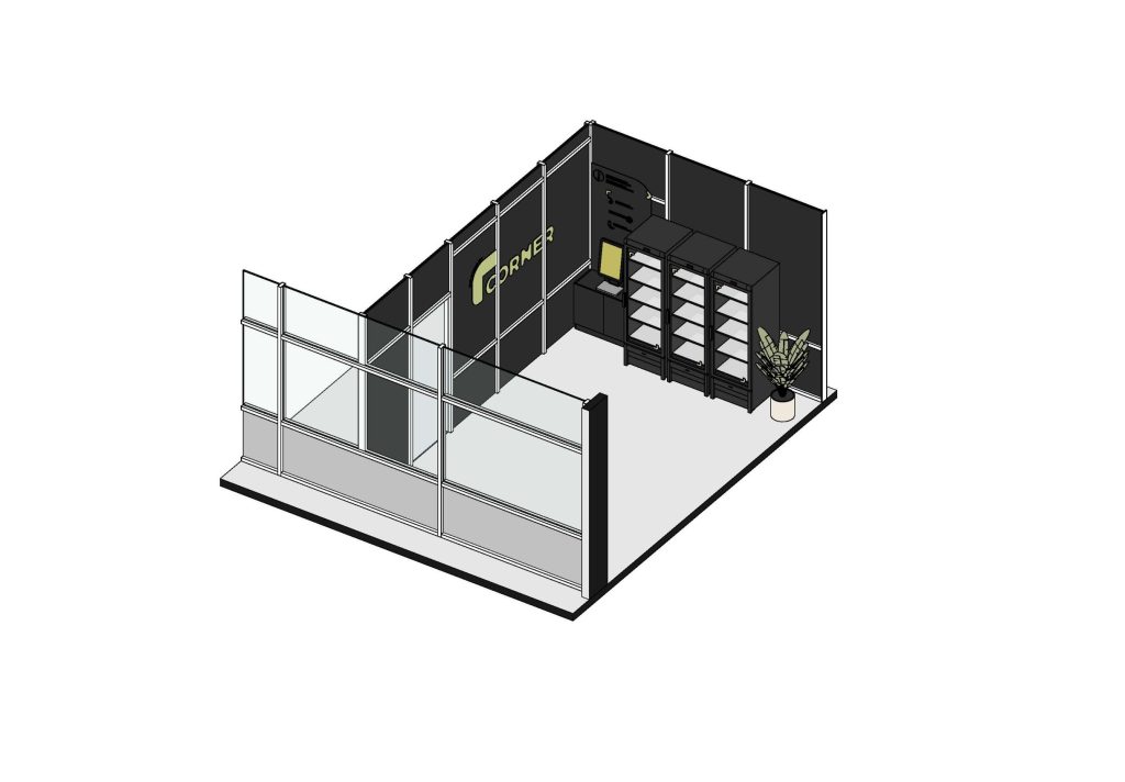 Axonometria apresentando a Disposição de frios, prateleiras e espaço da loja no projeto Corner IAPMEI, localizado em Lisboa, Portugal.