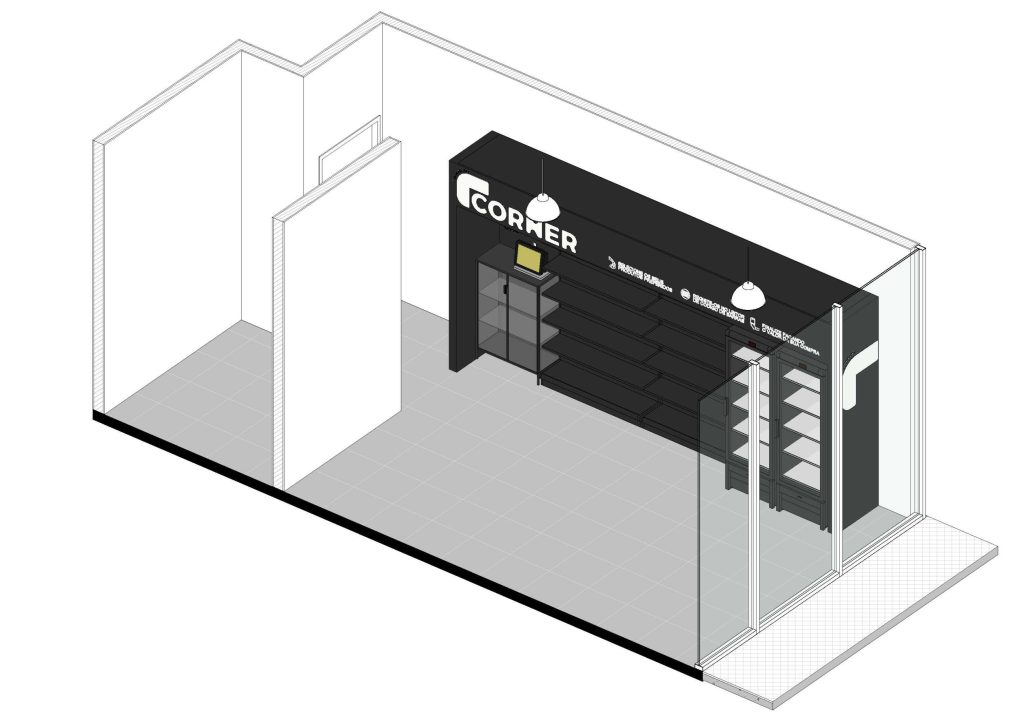 Axonometria apresentando a Disposição de frios, prateleiras e espaço da loja no projeto Corner Myriad, localizado em Lisboa, Portugal.