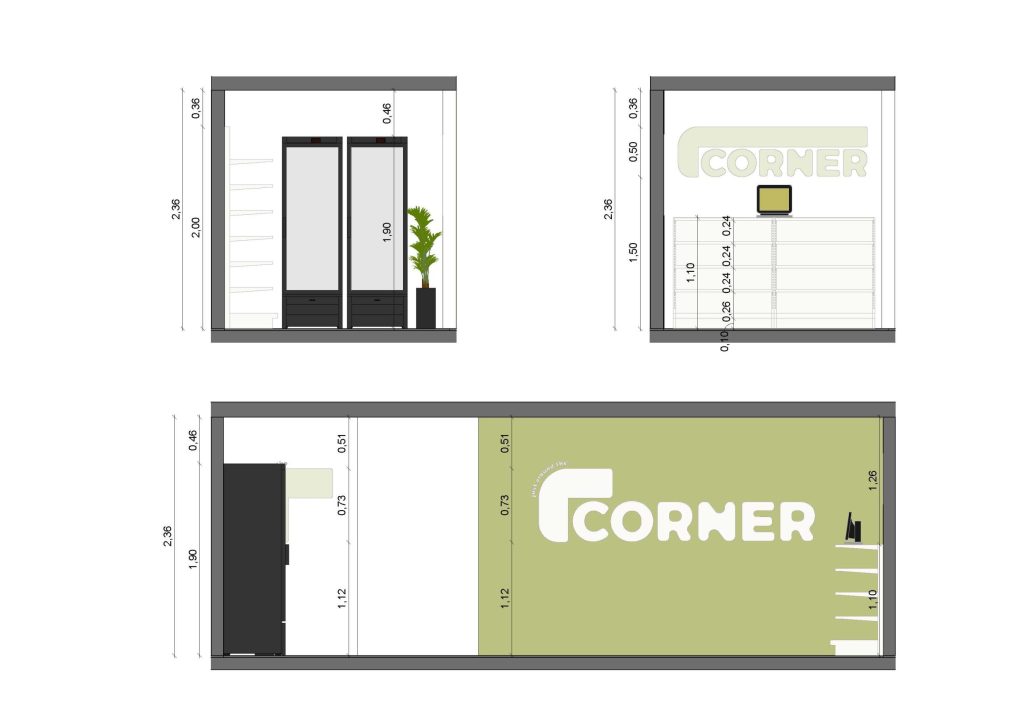 Corte apresentando a Proposta e escala no projeto Corner Natixis, localizado em Lisboa, Portugal.