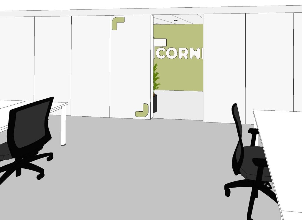 Perspetiva apresentando a Area de acesso ao espaço da loja no projeto Corner Natixis, localizado em Lisboa, Portugal.
