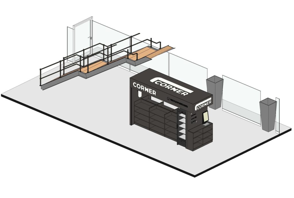 Axonometria apresentando a Disposição de frios, prateleiras e enquadramento da loja no espaço no projeto Corner Netjets, localizado em Lisboa, Portugal.