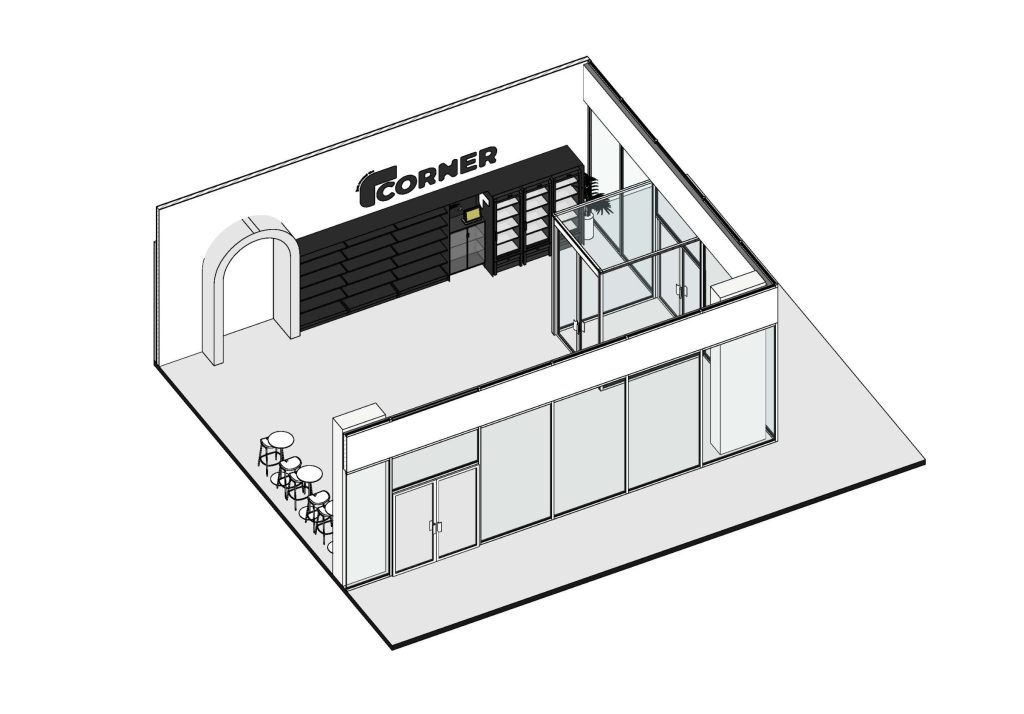 Axonometria apresentando a Disposição de frios, prateleiras e espaço da loja no projeto Corner Noma Living, localizado em Porto, Portugal.