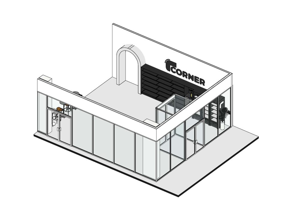 Axonometria apresentando a Disposição de frios, prateleiras e espaço da loja no projeto Corner Noma Living, localizado em Porto, Portugal.