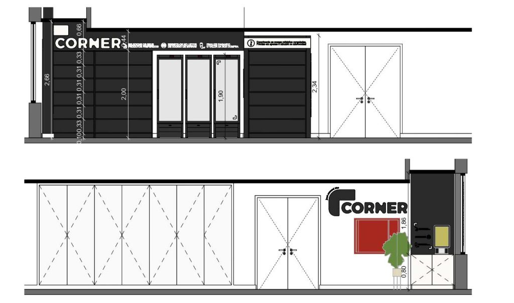Corte apresentando a Proposta e escala no projeto Corner Novo Banco, localizado em Lisboa, Portugal.