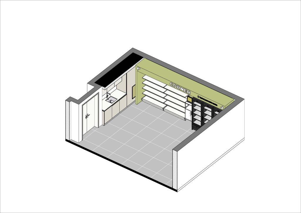 Axonometria apresentando a Disposição de frios, prateleiras e espaço da loja no projeto Corner República 5, localizado em Lisboa, Portugal.