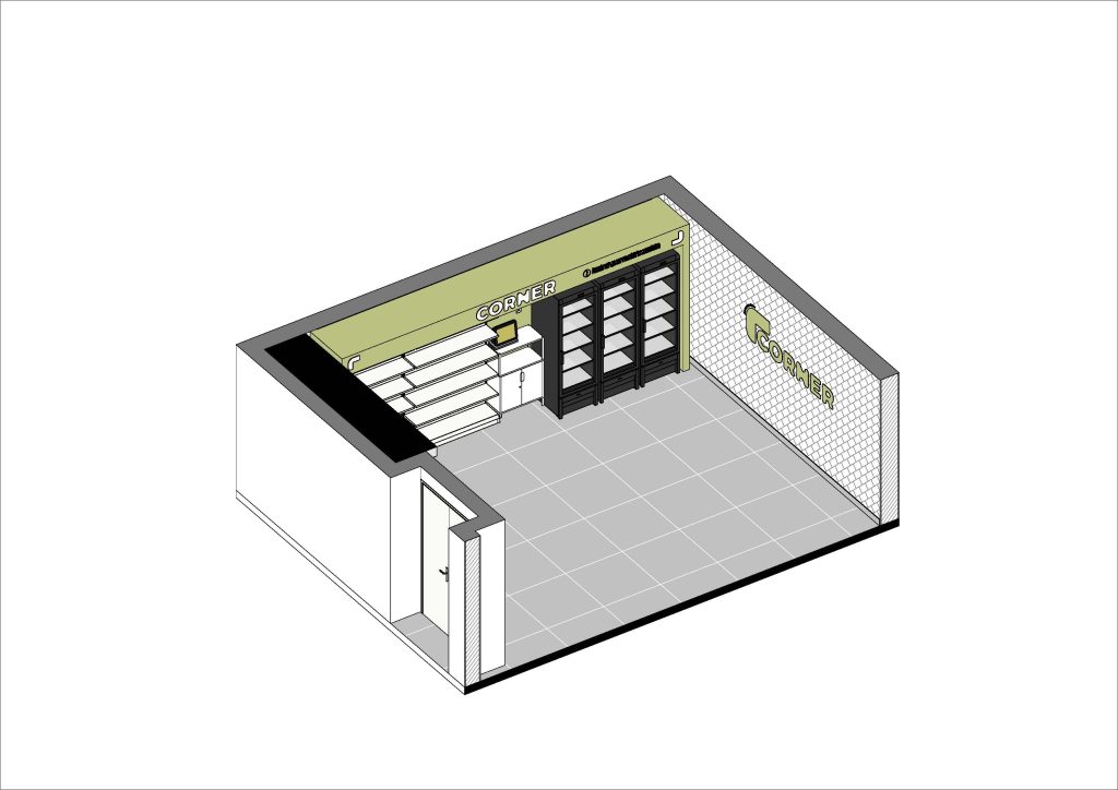 Axonometria apresentando a Disposição de frios, prateleiras e espaço da loja no projeto Corner República 5, localizado em Lisboa, Portugal.