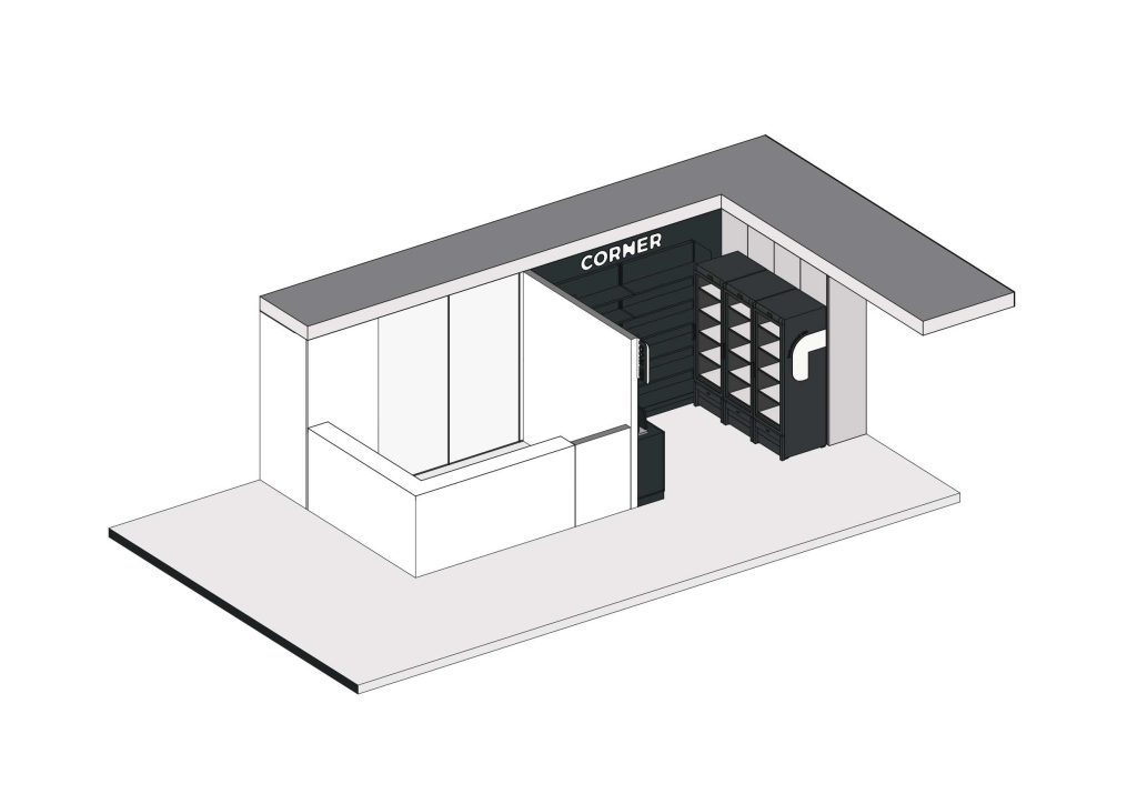 Axonometria apresentando a Disposição de frios, prateleiras e espaço da loja no projeto Corner Santander, localizado em Lisboa, Portugal.