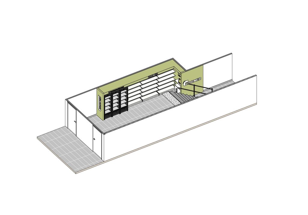 Axonometria apresentando a Disposição de frios, prateleiras e espaço da loja no projeto Corner S.Lourenç, localizado em Lisboa, Portugal.