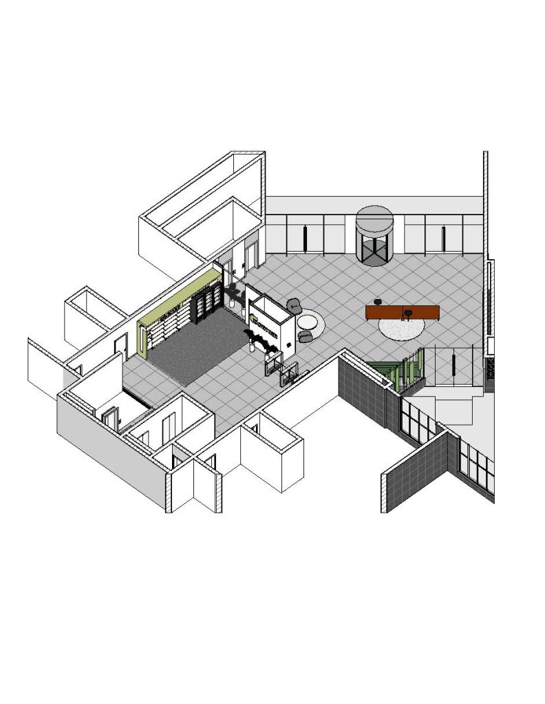 Axonometria apresentando a Disposição geral da loja e enquadramento no espaço no projeto Corner Torre G, localizado em Lisboa, Portugal.