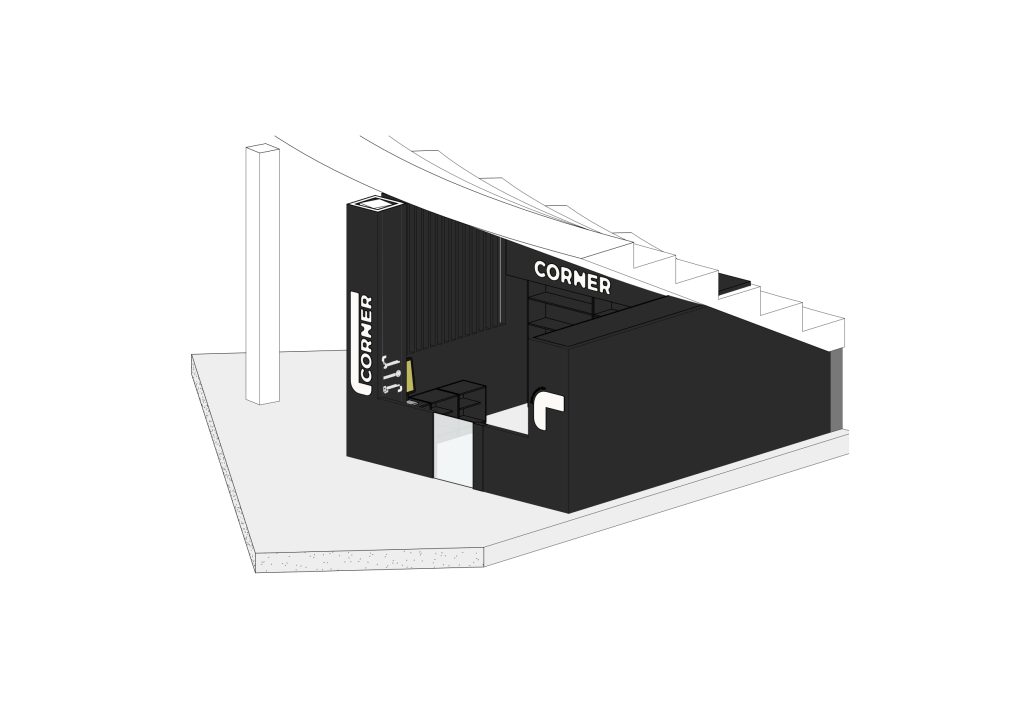 Axonometria apresentando a Disposição de frios, prateleiras e espaço da loja no projeto Corner Villa Restelo, localizado em Lisboa, Portugal.