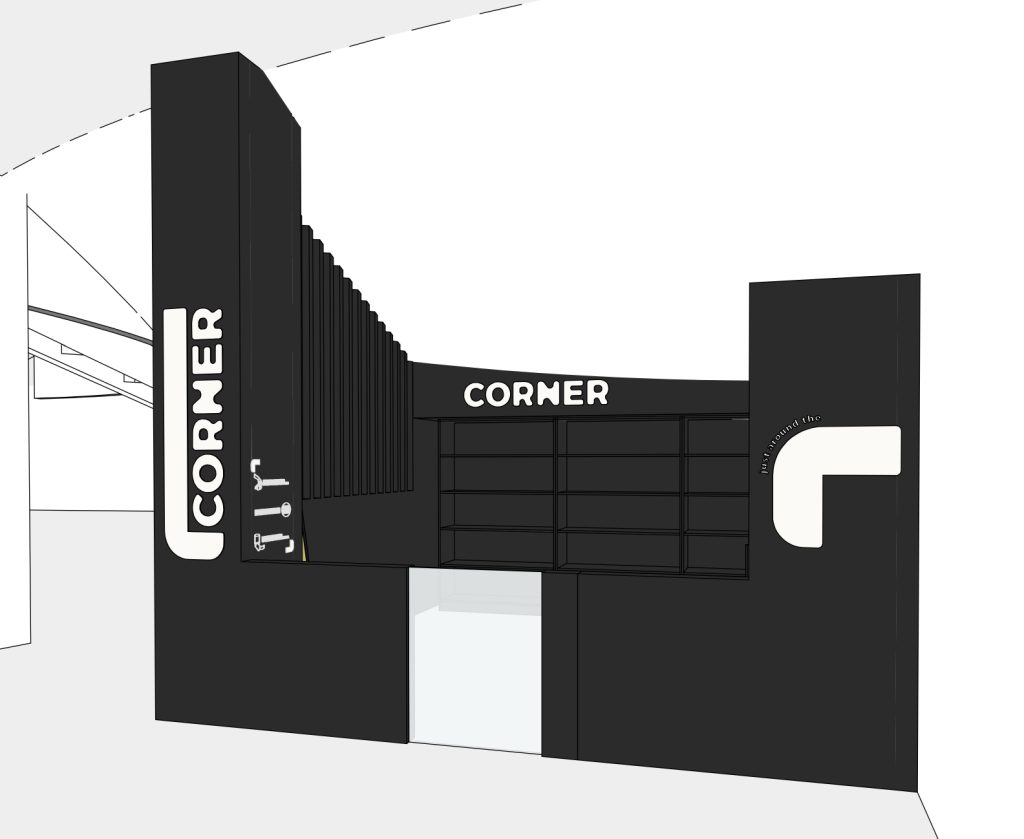Prespetiva apresentando a Vista geral da loja e enquadramento no espaço no projeto Corner Villa Restelo, localizado em Lisboa, Portugal.