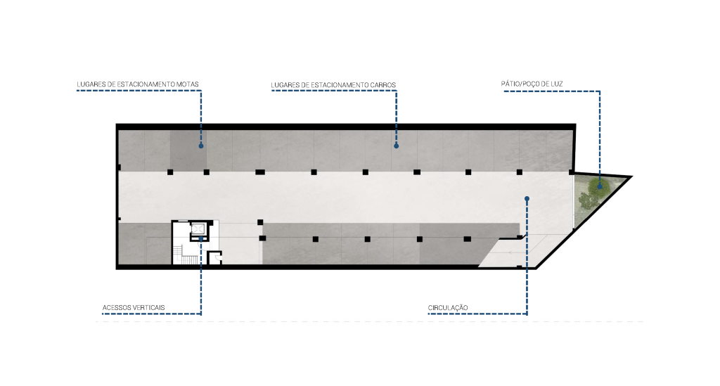 Planta apresentando o Piso -1 do estacionamento e pátio no projeto Defensores de Chaves, localizado em Lisboa, Portugal.