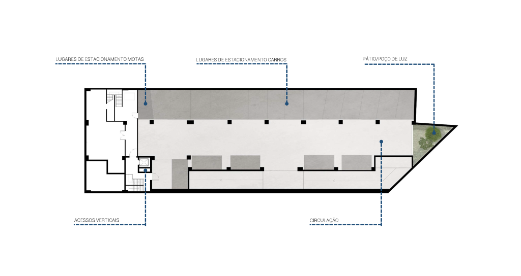 Planta apresentando o Piso -2 do estacionamento e pátio no projeto Defensores de Chaves, localizado em Lisboa, Portugal.