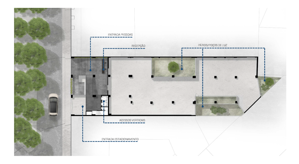 Planta apresentando o Piso 0, entrada principal e pátios no projeto Defensores de Chaves, localizado em Lisboa, Portugal.