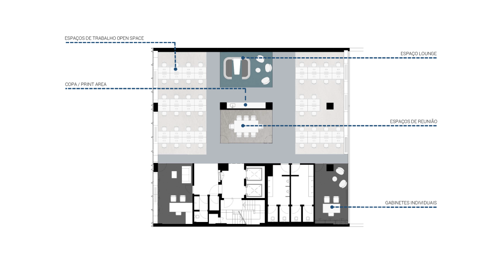 Planta apresentando o Proposta de layout dos pisos superiores no projeto Defensores de Chaves, localizado em Lisboa, Portugal.