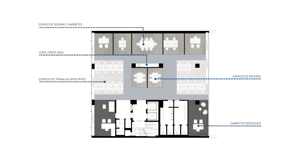 Planta apresentando o Proposta de layout dos pisos superiores no projeto Defensores de Chaves, localizado em Lisboa, Portugal.