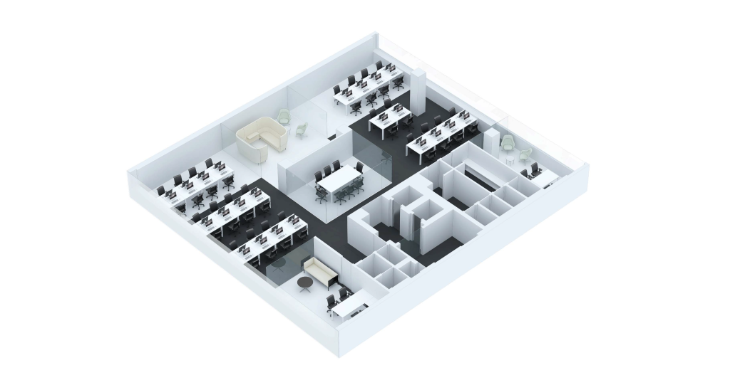 Axonometria apresentando o Proposta de layout dos pisos superiores no projeto Defensores de Chaves, localizado em Lisboa, Portugal.