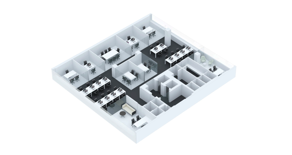 Axonometria apresentando o Proposta de layout dos pisos superiores no projeto Defensores de Chaves, localizado em Lisboa, Portugal.