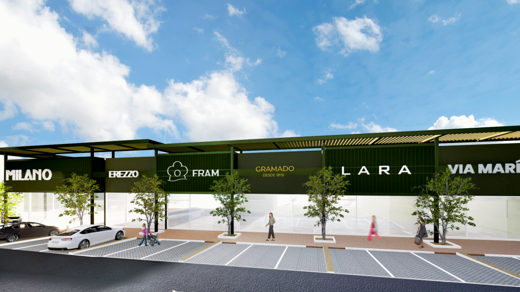 Imagem tridimensional apresentando o conceito de Perspetiva da galeria e estacinamento de rua no projeto Easy Boulevard Uberaba, localizado em Uberaba, Brasil.