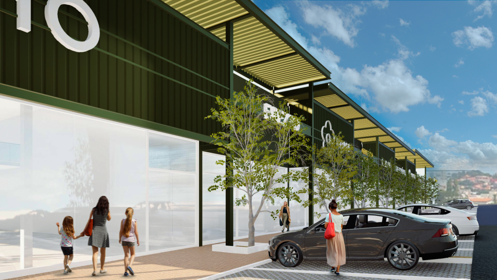 Imagem tridimensional apresentando o conceito de Perspetiva aproximada da galeria de lojas no projeto Easy Boulevard Uberaba, localizado em Uberaba, Brasil.
