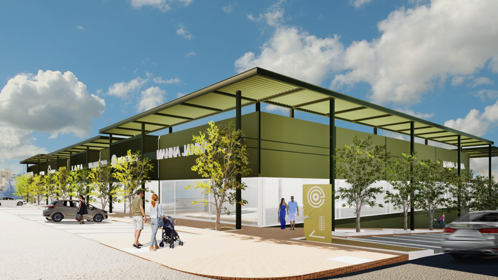 Imagem tridimensional apresentando o conceito de Perspetiva exterior e sinalização no projeto Easy Boulevard Uberaba, localizado em Uberaba, Brasil.
