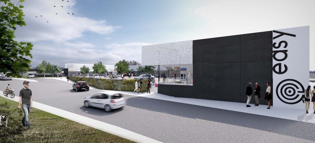 Imagem tridimensional apresentando o conceito de Perspetiva exterior da fachada no projeto Franca Strip Mall, localizado em São Paulo, Brasil.
