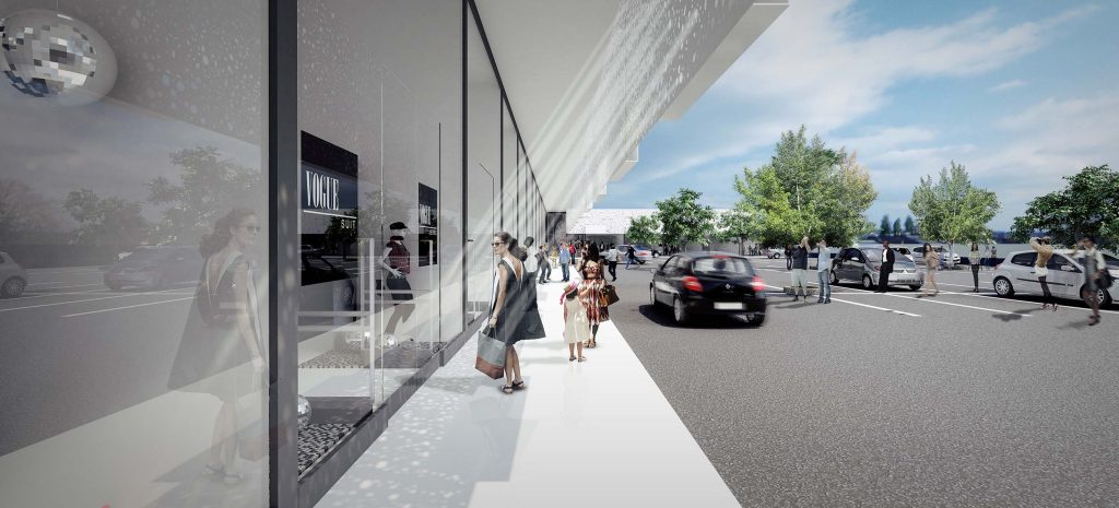 Imagem tridimensional apresentando o conceito de Perspetiva da galeria exterior de lojas no projeto Franca Strip Mall, localizado em São Paulo, Brasil.