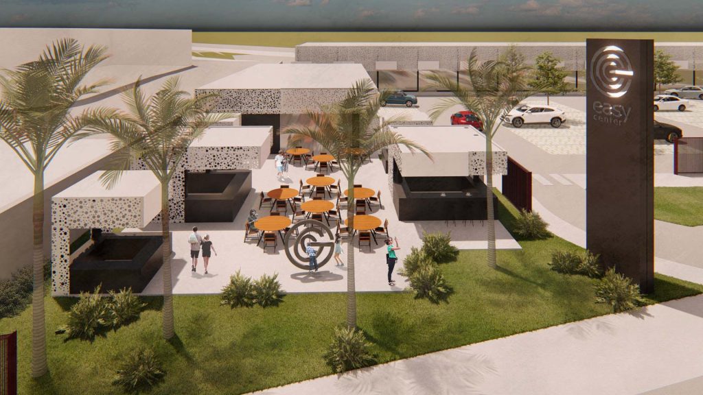 Imagem tridimensional apresentando o conceito de Perspetiva esplanadas e foodcourt exterior no projeto Franca Strip Mall, localizado em São Paulo, Brasil.