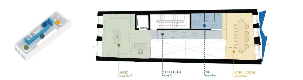 Planta apresentando o Layout do piso 1 no projeto Eólica Recife, localizado em Recife, Brasil.