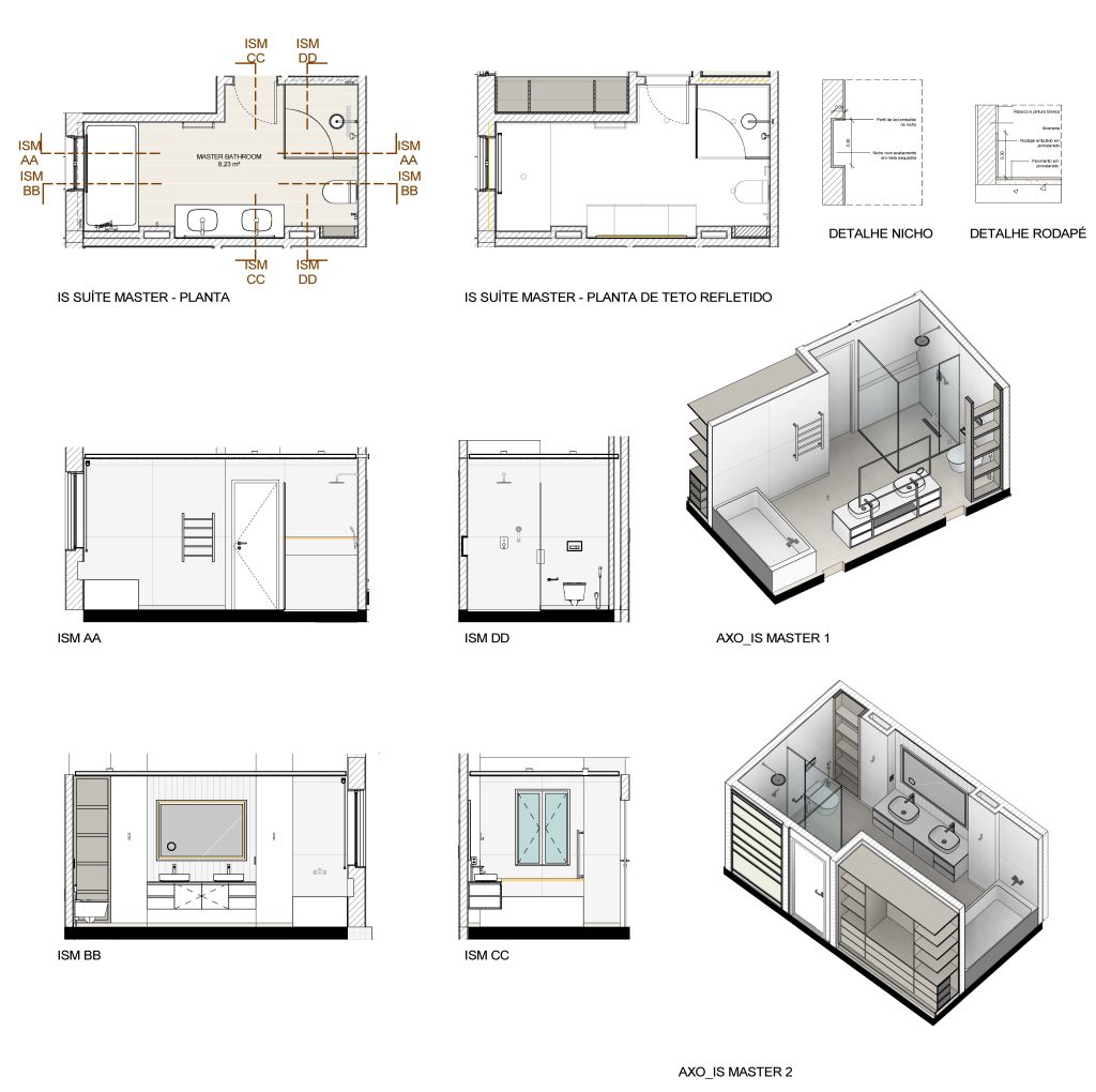 Desenhos e axonometrias apresentando o Detalhamento suite no projeto Florbela Espanca, localizado em Cascais, Portugal.