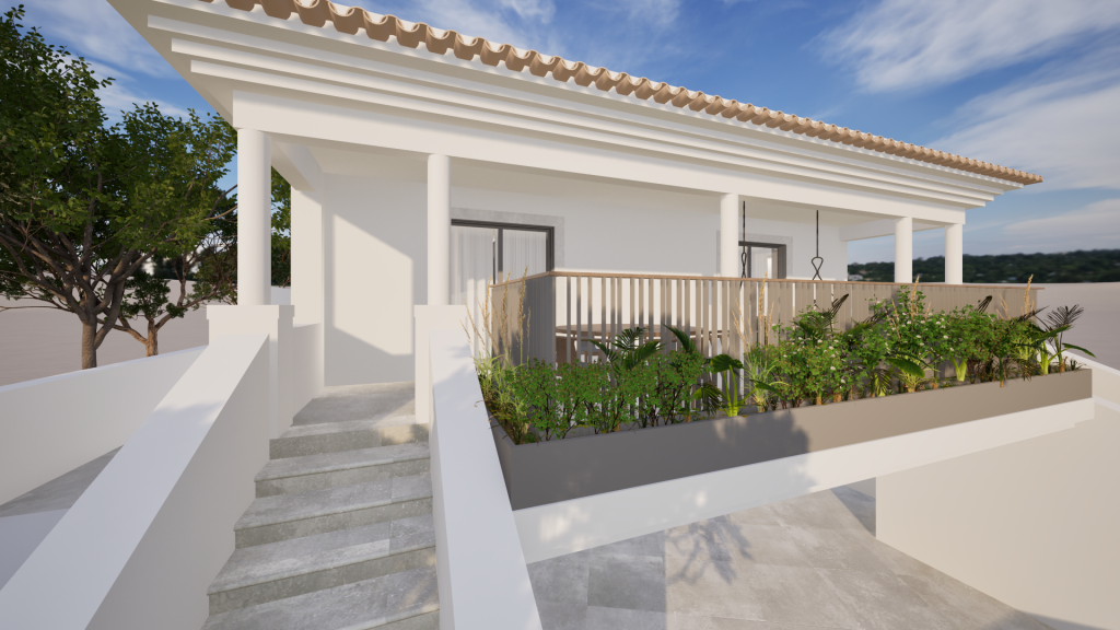 Imagem tridimensional apresentando a Área externa, varanda no projeto Florbela Espanca, localizado em Cascais, Portugal.
