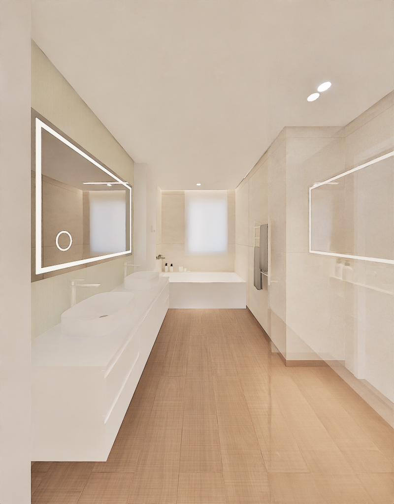 Imagem tridimensional apresentando o WC suite master no projeto Florbela Espanca, localizado em Cascais, Portugal.