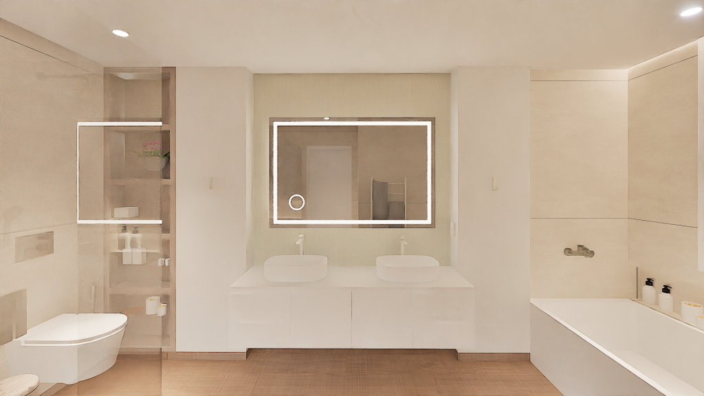 Imagem tridimensional apresentando o WC suite master no projeto Florbela Espanca, localizado em Cascais, Portugal.