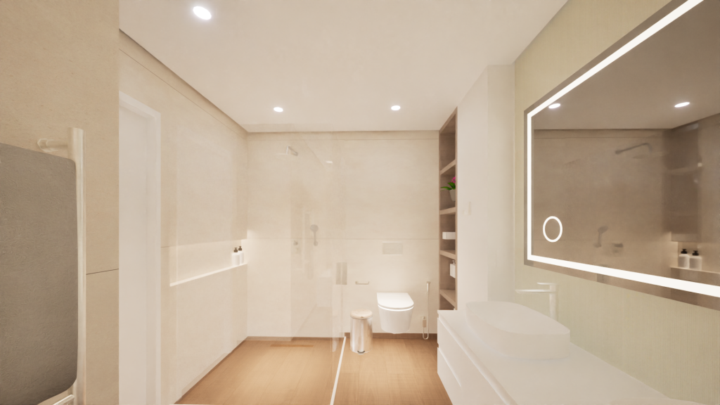 Imagem tridimensional apresentando o WC suíte master no projeto Florbela Espanca, localizado em Cascais, Portugal.