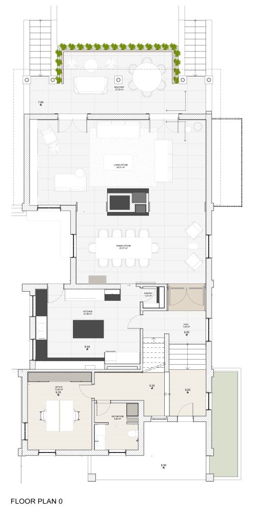 Planta apresentando a Proposta de layout do piso 0 no projeto Florbela Espanca, localizado em Cascais, Portugal.