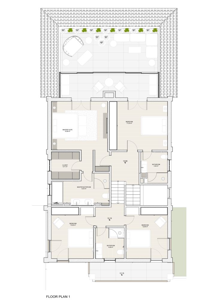 Planta apresentando a Proposta de layout do piso 1 no projeto Florbela Espanca, localizado em Cascais, Portugal.