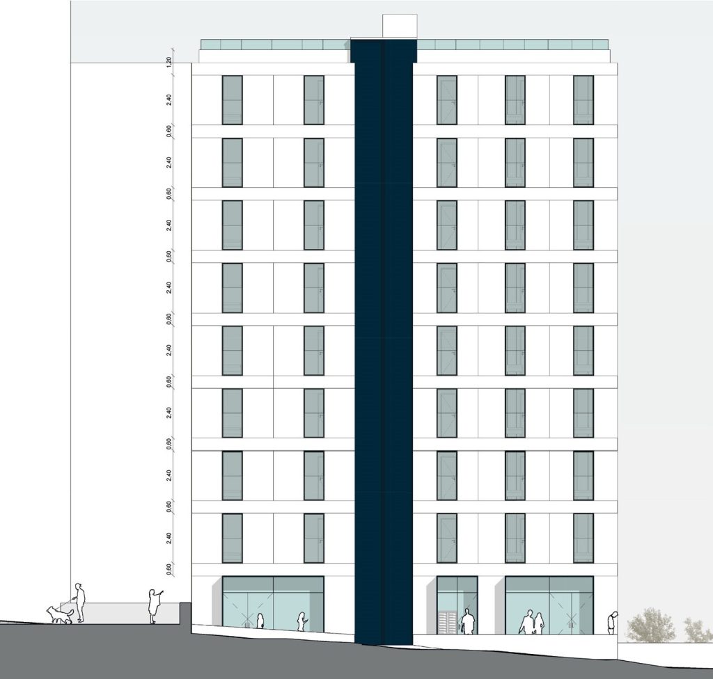 Alçado Norte apresentando a Fachada principal no projeto Habitação Benfica, localizado em Lisboa, Portugal.