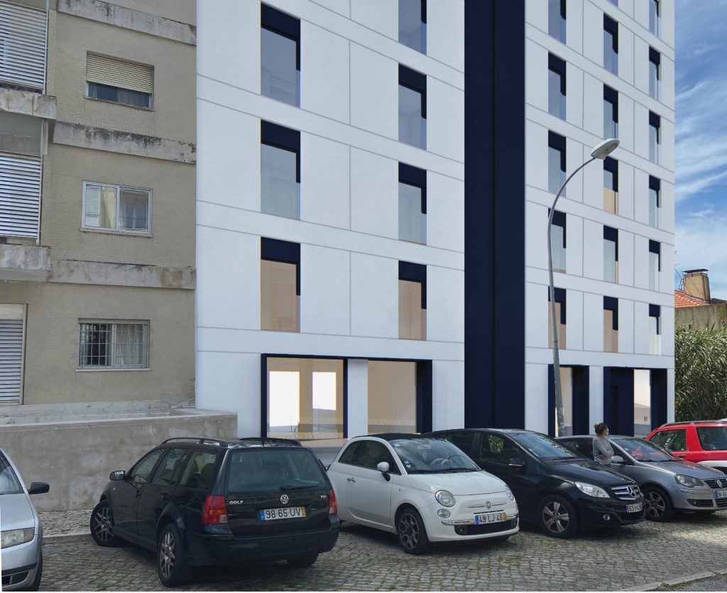 Imagem tridimensional apresentando o Enquadramento do piso térreo e estacionamento no projeto Habitação Benfica, localizado em Lisboa, Portugal.